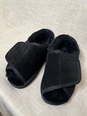 Lamo APNA Open Toe Wrap Black Shearling Slide Slippers Small
